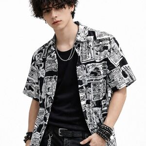 Empyre Graphic Newspaper Print Button‎ Up Shirt Grunge Skater Streetwear Y2K M